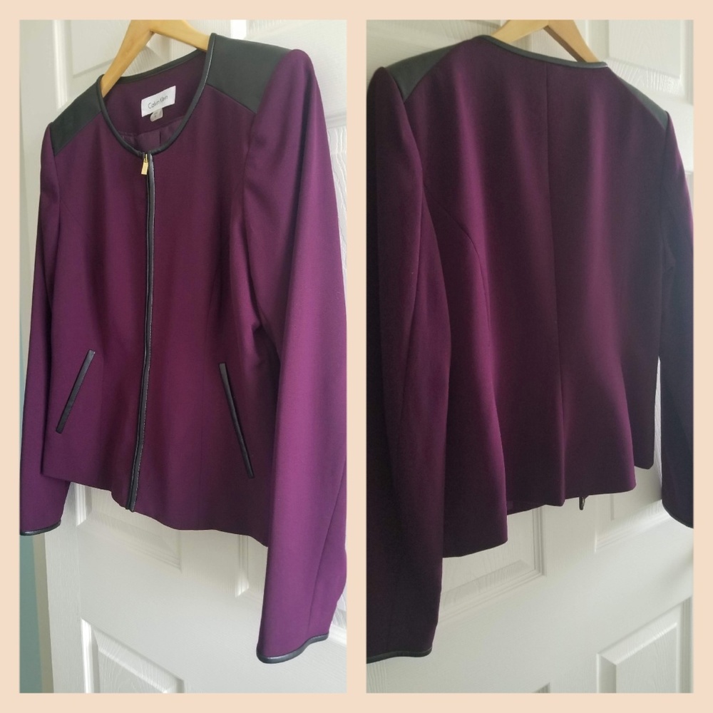Calvin Klein Purple Jacket/Coat Faux Leather Trim